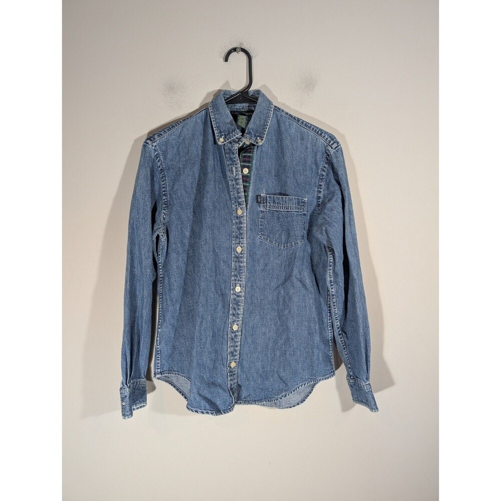 Ralph Lauren Womens Denim Button Down Shirt Sz XS Petite Plaid Preppy Classic 90